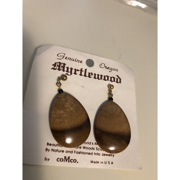 Vintage Unworn Authentic Oregon Myrtlewood  & Gold-Tone Dangle Earrings NICE - Picture 1 of 4
